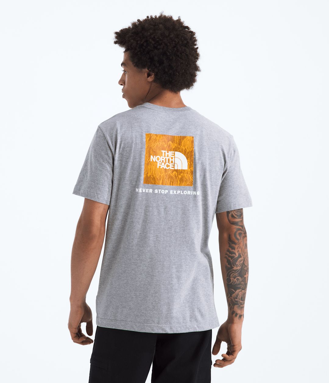 Men’s Evolution Regenerative Ink Box NSE Short-Sleeve Tee—Graphic - TNF Pale Grey Heather/Summit Gold Regenerative Ink Print