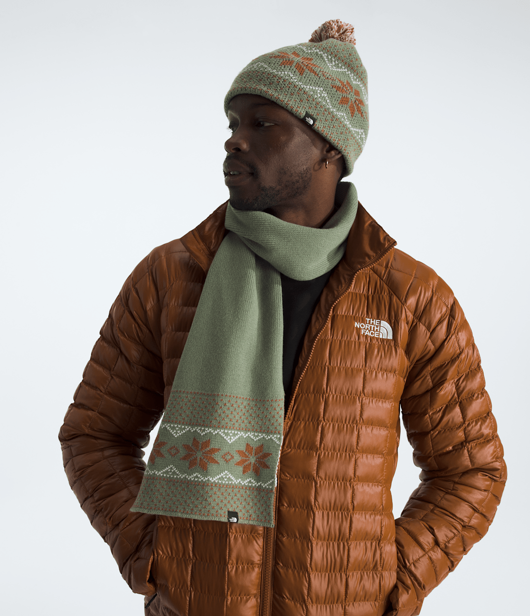 Cabin Ski Tuke And Scarf Set - Bark Mist/Burnt Umber/White Dune/Pom